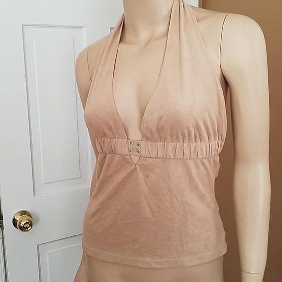 misdemeanor Tops - Faux Sueded Halter Top Beige Small